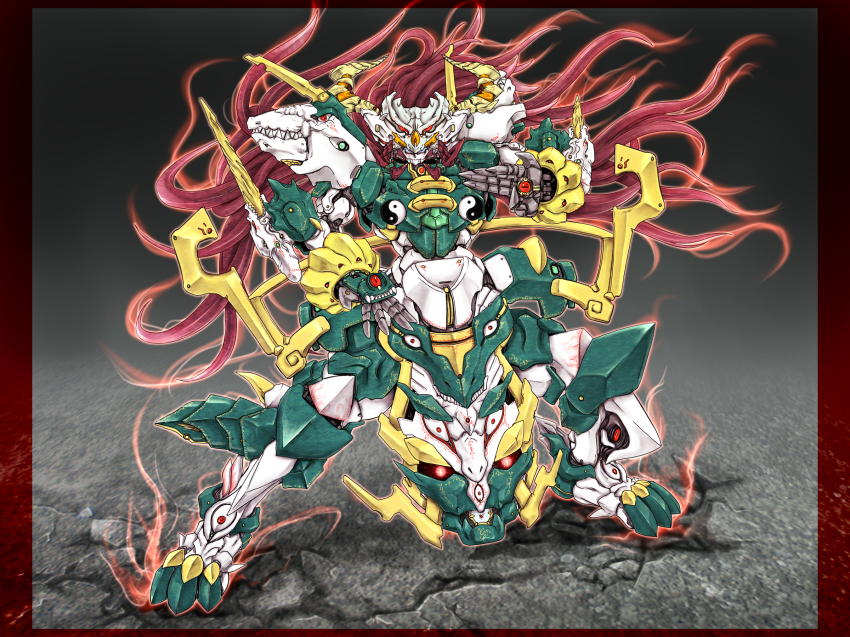 apotheosized_ialdabaoth, banpresto, crossover, dragon, ex-meiling, female_focus, fighting_stance, fusion, highres, hong_meiling, ialdabaoth, ledjoker07, long_hair, mecha, mechanization, no_humans, red_hair, robot, super_robot_wars, super_robot_wars_original_generation, super_robot_wars_original_generation_gaiden, touhou, yin_yang