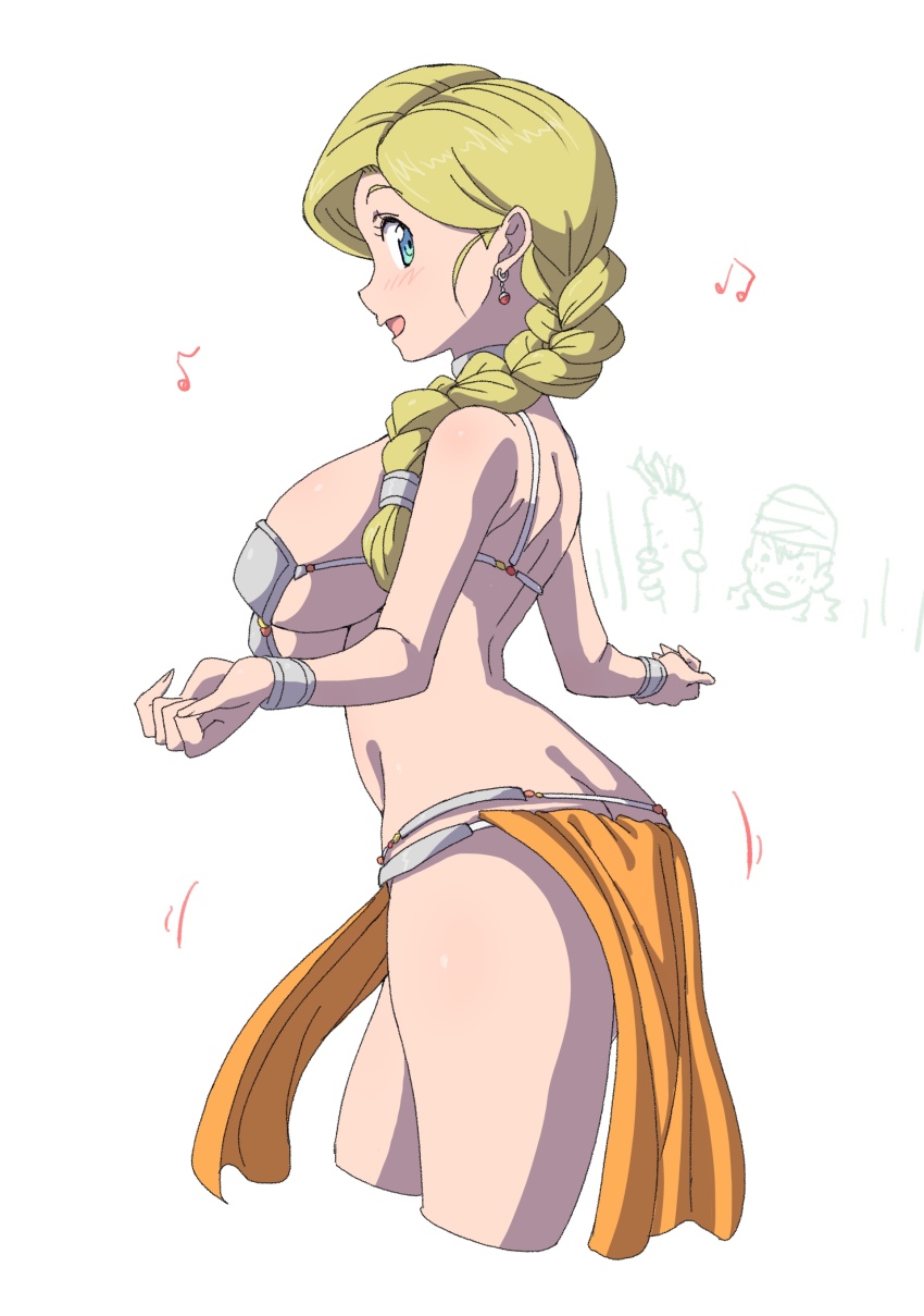 1girl, :d, absurdres, armor, bare_shoulders, beamed_eighth_notes, bianca_(dq5), bikini_armor, blonde_hair, blue_eyes, blush, braid, breasts, butt_crack, cropped_legs, dancer's_costume_(dq), dancing, dragon_quest, dragon_quest_v, earrings, eighth_note, eyelashes, hair_over_shoulder, hero_(dq5), highres, jewelry, large_breasts, loincloth, long_hair, motion_lines, musical_note, open_mouth, powerhamuhamu, simple_background, single_braid, smile, solo, standing, underboob, white_background, bracelet