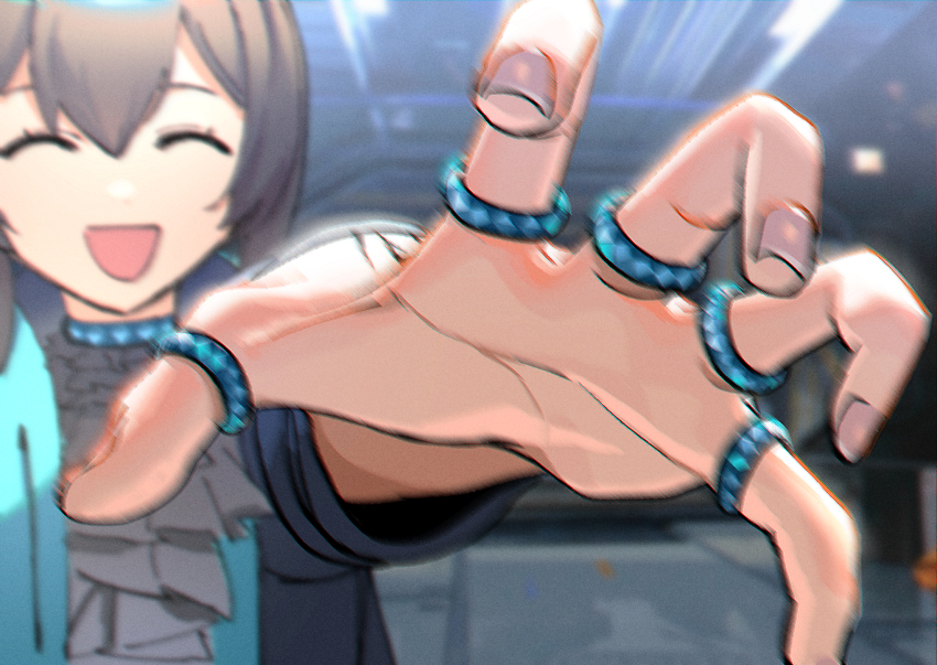 1girl, amiya_(arknights), animal_ears, arknights, ascot, black_jacket, brown_hair, closed_eyes