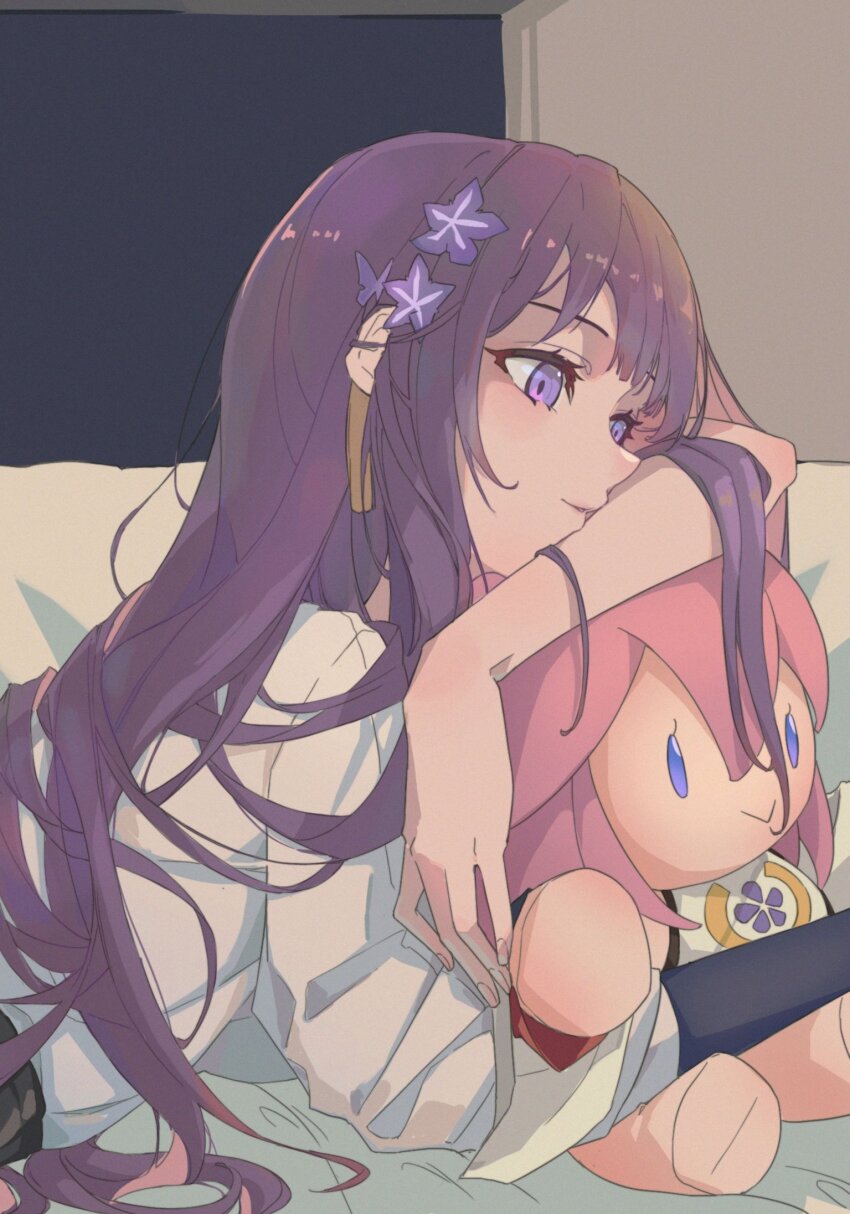 1girl, blunt_bangs, chinese_commentary, commentary_request, flower, from_side, genshin_impact, hair_flower