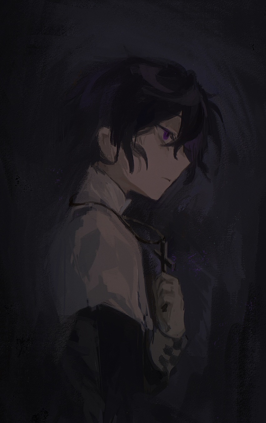 1boy, black_hair, black_shirt, capelet, closed_mouth, cross, cross_necklace, cursenday's_dark_carnival