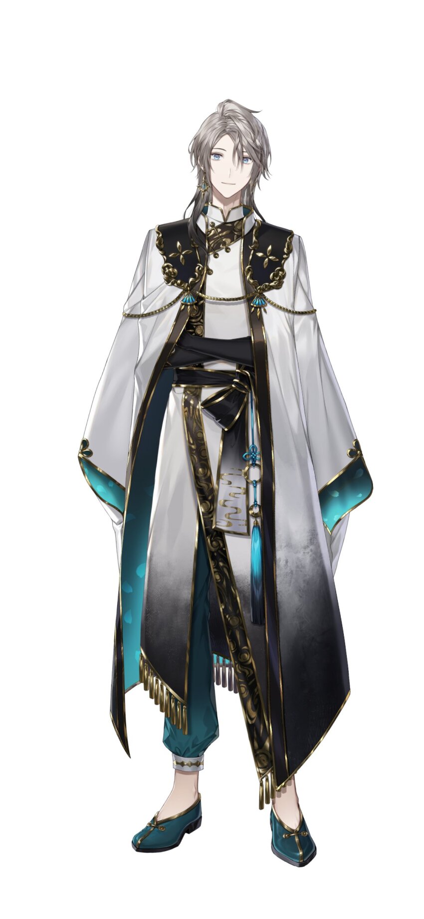 1boy, absurdres, airm, black_gloves, black_sash, blue_eyes, blue_footwear, chinese_clothes, closed_mouth, coat, earrings, elbow_gloves, full_body, gloves, gold_trim, gradient_clothes, green_pants, grey_hair, highres, jewelry, kaida_haru, kaida_haru_(4th_costume), long_sleeves, looking_at_viewer, multicolored_clothes, nijisanji, official_art, pants, print_sash, sash, second-party_source, shoes, simple_background, sleeves_past_fingers, sleeves_past_wrists, smile, tachi-e, virtual_youtuber, white_background, white_coat