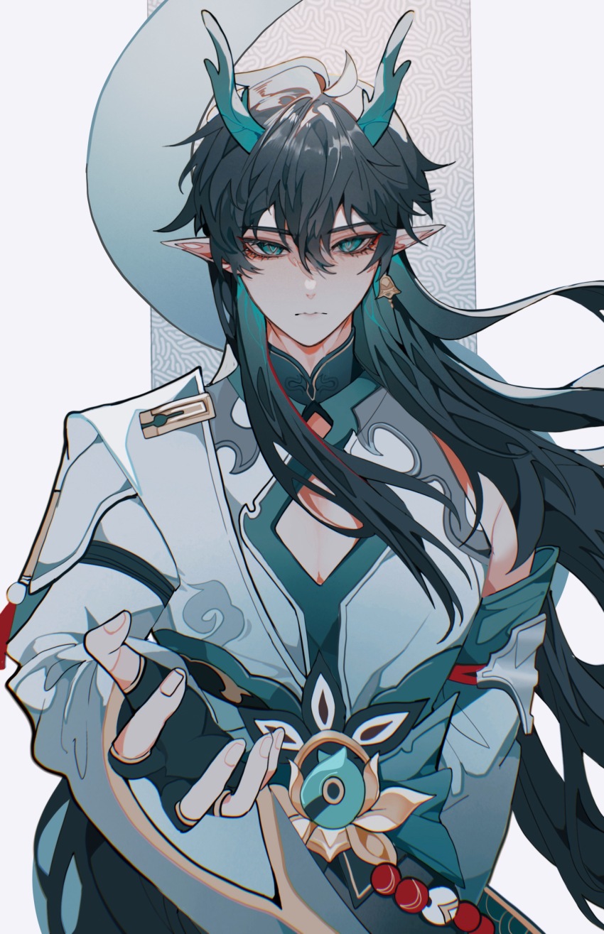 1boy, absurdres, black_hair, chinese_clothes, cleavage_cutout, clothing_cutout, dan_heng_(honkai:_star_rail), dan_heng_(imbibitor_lunae)_(honkai:_star_rail)