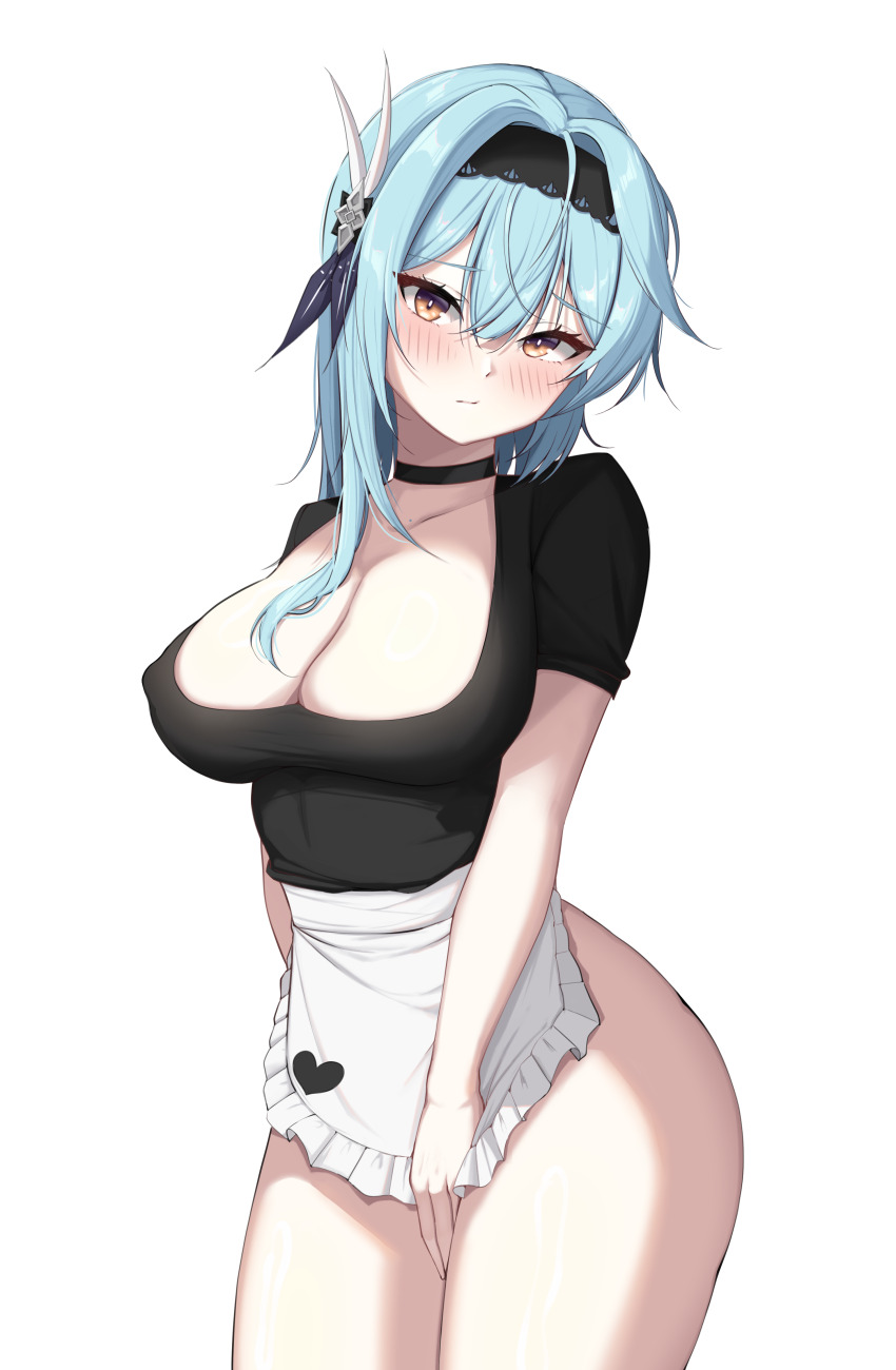 1girl, absurdres, alternate_costume, apron, bare_legs, black_choker, black_hairband, black_shirt, blue_hair, blush, breasts, butterfly_hair_ornament, choker, chunduk, cleavage, closed_mouth, commission, embarrassed, eula_(genshin_impact), genshin_impact, gradient_eyes, hair_between_eyes, hair_ornament, hairband, heart, heart_print, highres, large_breasts, long_hair, looking_at_viewer, maid_apron, multicolored_eyes, print_apron, shirt, short_sleeves, solo, white_background