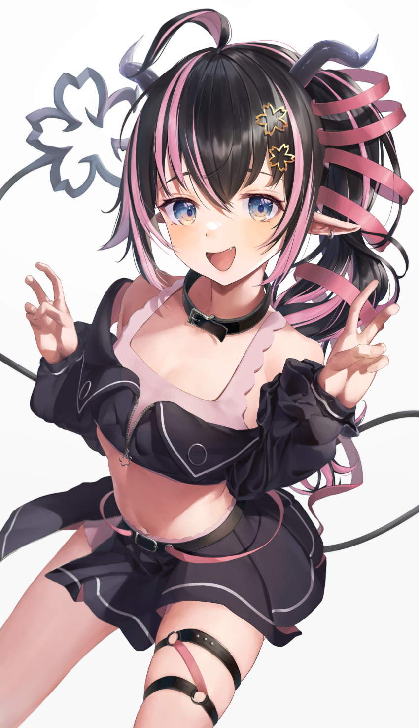 1girl, absurdres, ahoge, belt, belt_collar, bent_v, black_belt, black_hair