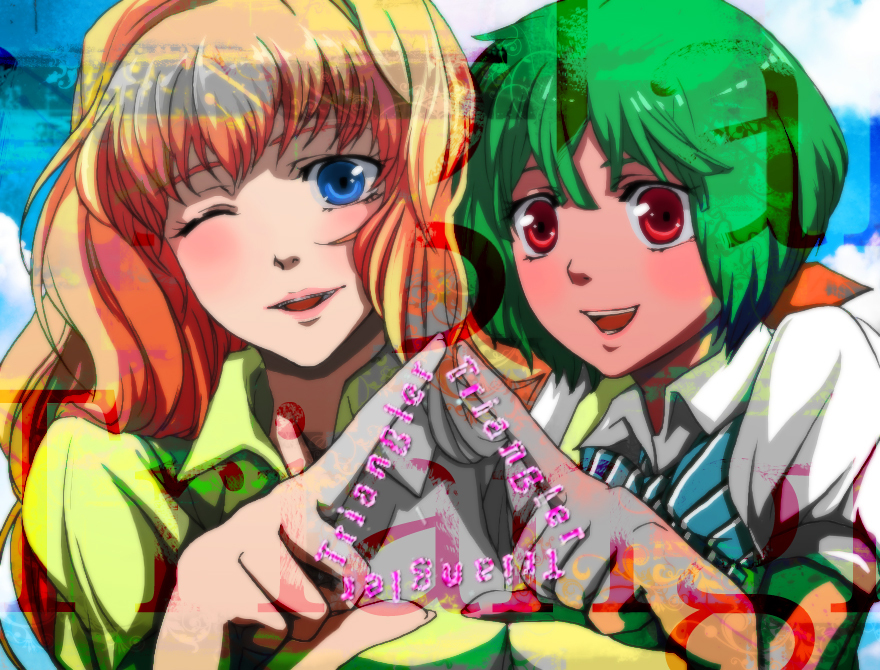 2girls, blonde_hair, blue_eyes, green_hair, macross, macross_frontier, multiple_girls, ranka_lee