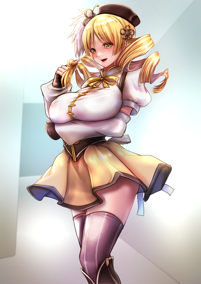1girl, absurdres, beret, black_gloves, blonde_hair, breasts, corset, detached_sleeves, drill_hair, fingerless_gloves, gloves, hat, highres, huge_breasts, long_hair, magical_girl, mahou_shoujo_madoka_magica, miniskirt, miyakura_haruto, playing_with_own_hair, pleated_skirt, puffy_sleeves, skirt, solo, standing, striped_clothes, striped_thighhighs, thighhighs, tomoe_mami, tomoe_mami_(magical_girl), twin_drills, twintails, vertical-striped_clothes, vertical-striped_thighhighs, yellow_eyes, yellow_skirt
