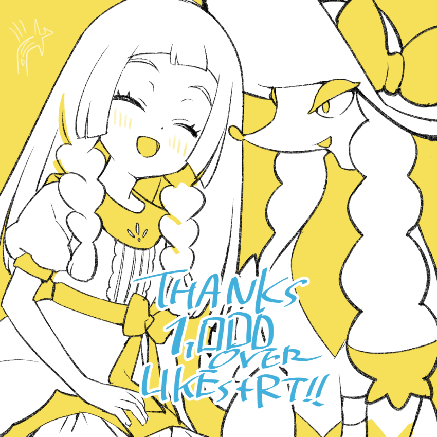 1girl, :d, blunt_bangs, blush, closed_eyes, clothed_pokemon, eyelashes, furfrou