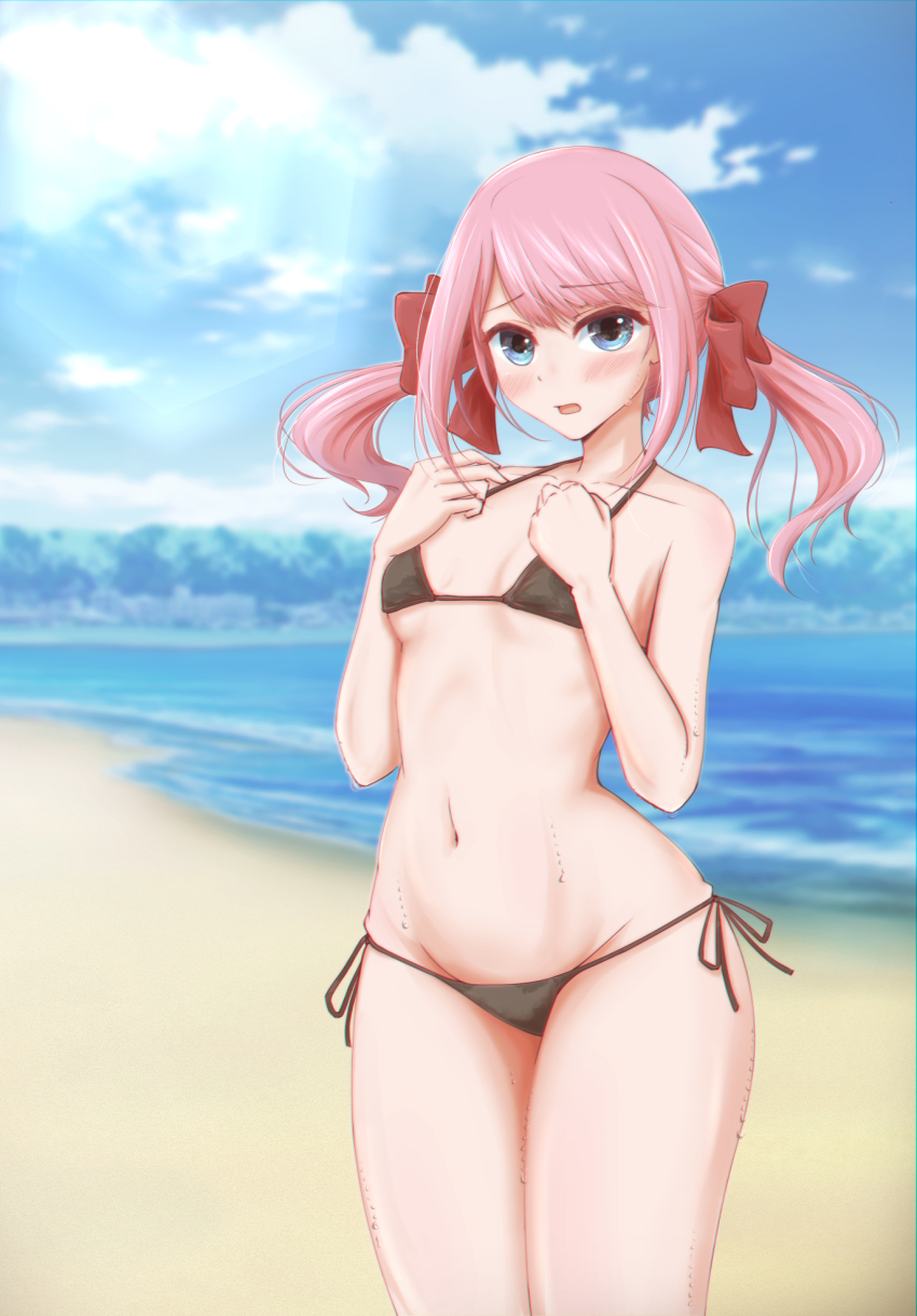 1girl, assault_lily, bare_arms, bare_shoulders, beach, bikini, black_bikini, blue_eyes, blue_sky, blurry, blurry_background, blush, bow, breasts, chromatic_aberration, cloud, commentary_request, cowboy_shot, day, groin, hair_bow, halterneck, hands_on_own_chest, hands_up, highres, long_hair, looking_at_viewer, micro_bikini, navel, outdoors, parted_lips, pink_hair, raised_eyebrows, red_bow, sadamori_himeka, side-tie_bikini_bottom, sidelocks, sky, small_breasts, solo, standing, stomach, string_bikini, swimsuit, twintails, water, wet, yajiuma_no_jesse