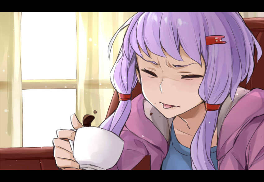 1girl, armchair, bitter, bloom, blue_shirt, casual, chair, closed_eyes