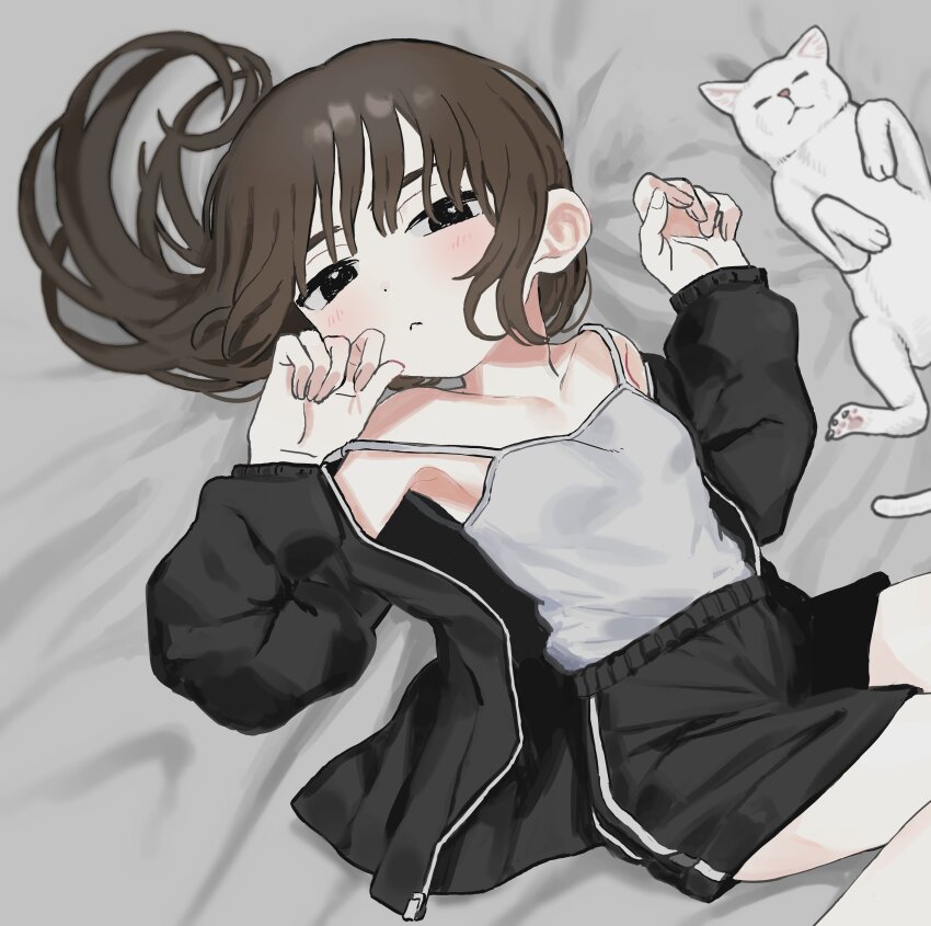 1girl, :<, absurdres, bed_sheet, black_eyes, black_jacket, black_shorts, blush