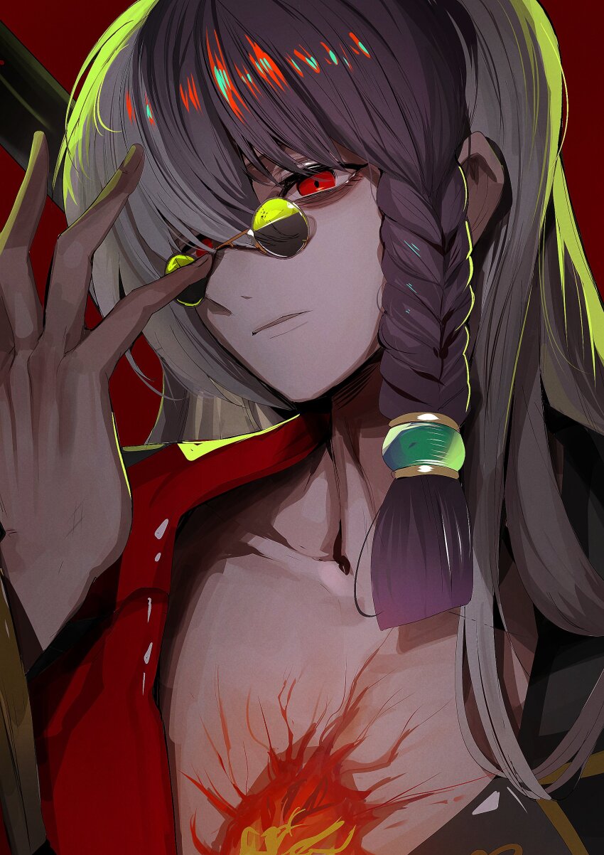 1boy, absurdres, beads, black_hair, braid, collarbone, duel_monster, glasses, grey_hair, hair_beads, hair_ornament, hair_over_one_eye, hand_up, highres, long_hair, male_focus, multicolored_hair, pectoral_cleavage, pectorals, red_eyes, ro_g_(oowack), single_braid, solo, two-tone_hair, vanquish_soul_jiaolong, yu-gi-oh!