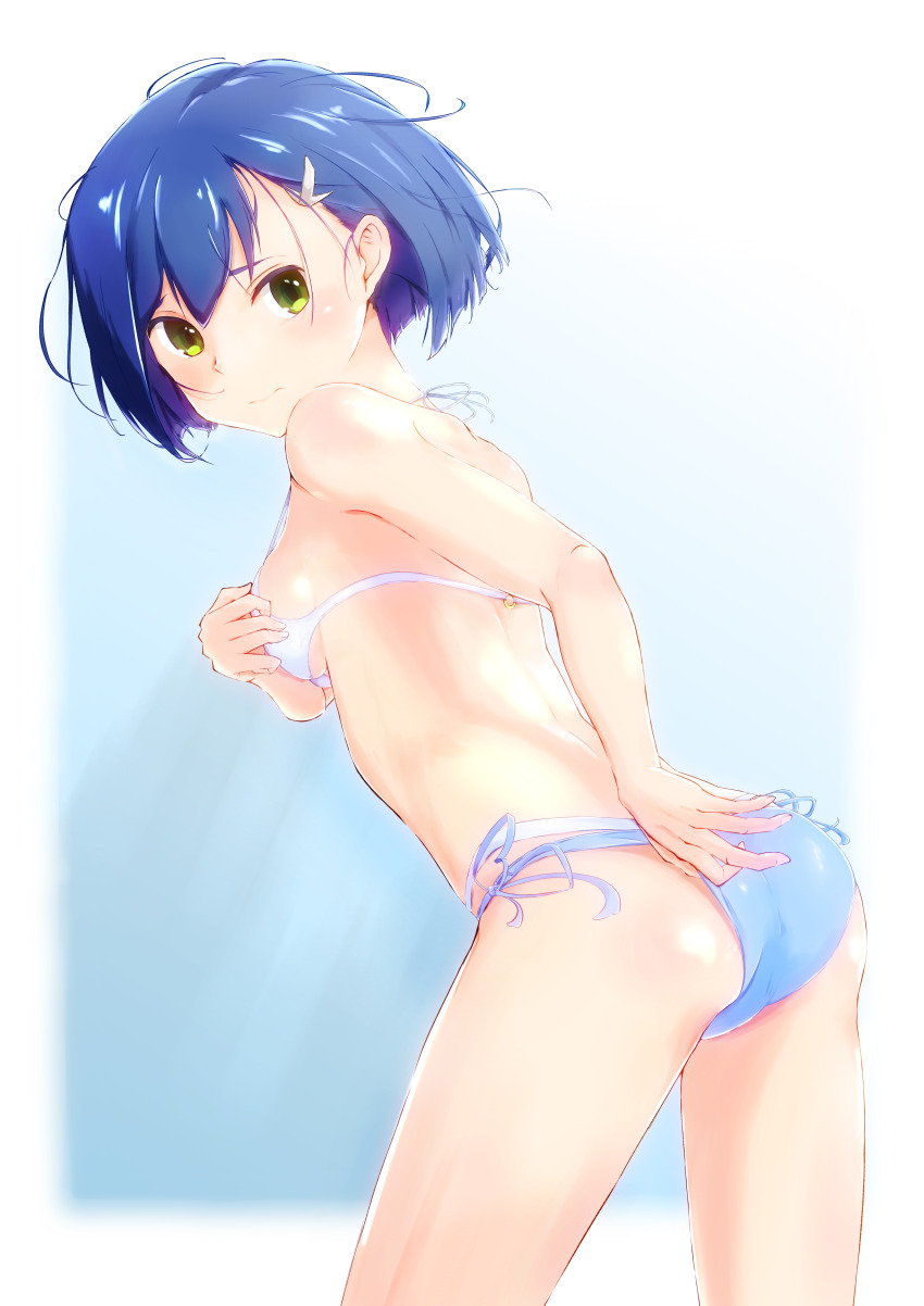 1girl, absurdres, adjusting_clothes, adjusting_swimsuit, arm_behind_back, ass, bikini, blue_background, blue_bikini, blue_hair, bob_cut, bossun_(laetus), breasts, commentary, covering_breasts, covering_privates, cowboy_shot, darling_in_the_franxx, expressionless, from_behind, gradient_background, green_eyes, hair_ornament, hair_strand, hairclip, halterneck, hand_on_own_chest, highres, ichigo_(darling_in_the_franxx), layered_bikini, leaning_forward, looking_at_viewer, looking_back, messy_hair, outside_border, short_hair, side-tie_bikini_bottom, small_breasts, solo, swimsuit, white_background, white_bikini
