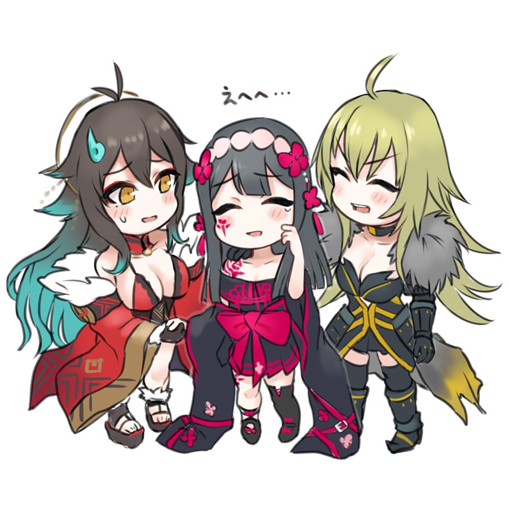 3girls, antenna_hair, aqua_hair, arm_tattoo, armor, armored_dress, asymmetrical_legwear, black_dress, black_footwear, black_hair, blonde_hair, blunt_bangs, blush, boots, breasts, chibi, cleavage, closed_eyes, coat, detached_sleeves, dress, eyeliner, facial_mark, fur-trimmed_coat, fur_trim, hair_flaps, hair_ornament, hairband, halterneck, holding_hands, japanese_armor, kageuchi_nagasone_kotetsu_(tenka_hyakken), kageuchi_soboro_sukehiro_(tenka_hyakken), kageuchi_suishinshi_masahide_(tenka_hyakken), knee_boots, kote, kurofuti, large_breasts, long_hair, magatama, magatama_hair_ornament, makeup, multicolored_hair, multiple_girls, obi_bow, print_sleeves, raised_eyebrows, red_eyeliner, sidelocks, small_breasts, standing, sweatdrop, tattoo, tears, tenka_hyakken, two-tone_hair, v-shaped_eyebrows, wide_sleeves, yellow_eyes