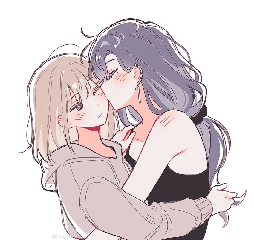 2girls, black_hair, blush, brown_hoodie, closed_eyes, ear_piercing, earrings, hand_on_another's_shoulder, height_difference, highres, hood, hoodie, jewelry, kiss, kissing_cheek, light_brown_hair, long_hair, low-tied_long_hair, medium_hair, multiple_girls, multiple_piercings, one_eye_closed, original, piercing, tank_top, twitter_username, white_background, wo_habum, yuri