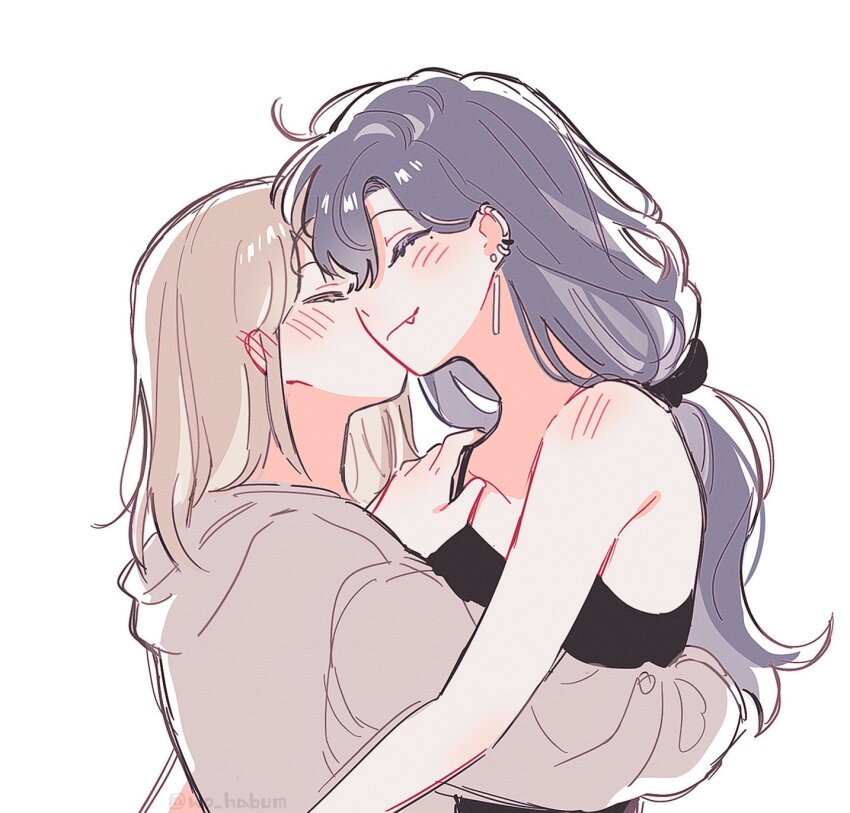 2girls, black_hair, blush, brown_hoodie, closed_eyes, commentary, ear_piercing, earrings, fang, fang_out, hand_on_another's_shoulder, height_difference, highres, hood, hoodie, hug, jewelry, kiss, kissing_cheek, light_brown_hair, long_hair, low-tied_long_hair, medium_hair, multiple_girls, multiple_piercings, original, piercing, smile, tank_top, twitter_username, white_background, wo_habum, yuri