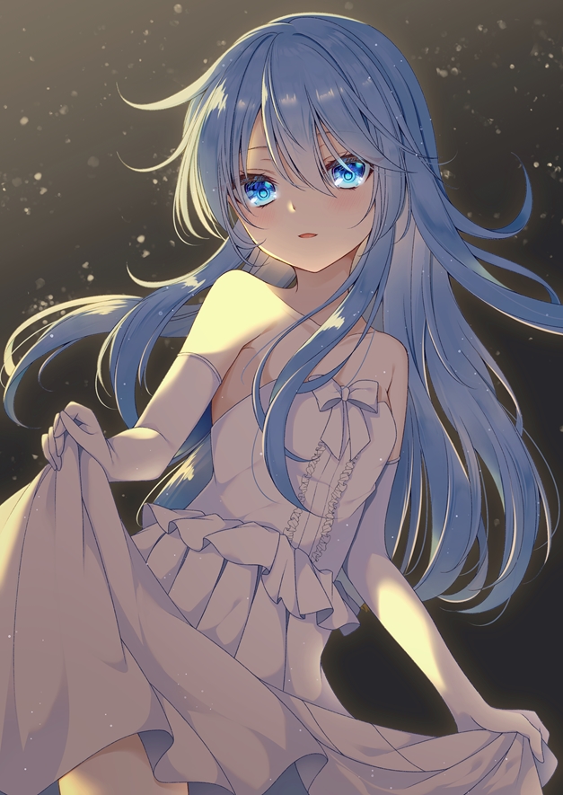 1girl, blue_eyes, blue_hair, blush, clothes_lift, collarbone, cowboy_shot, dress
