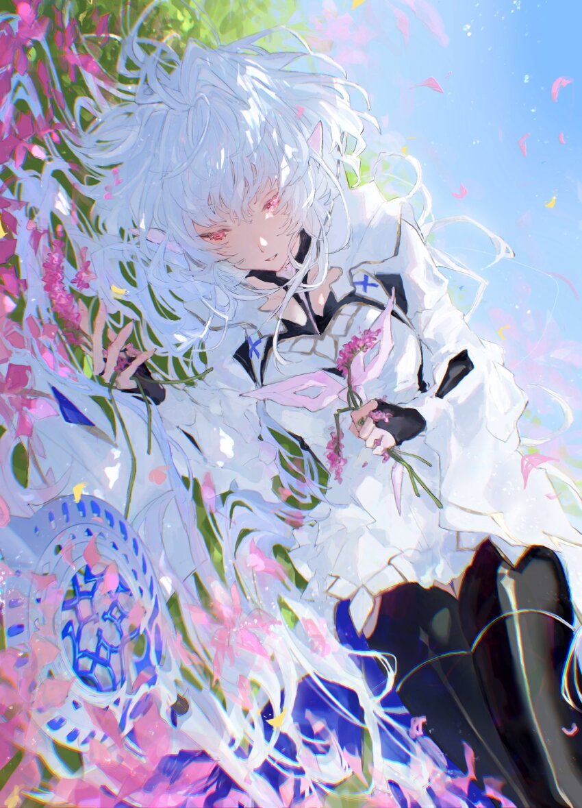 1girl, ahoge, black_gloves, black_thighhighs, fate/grand_order, fate_(series), fingerless_gloves, flower