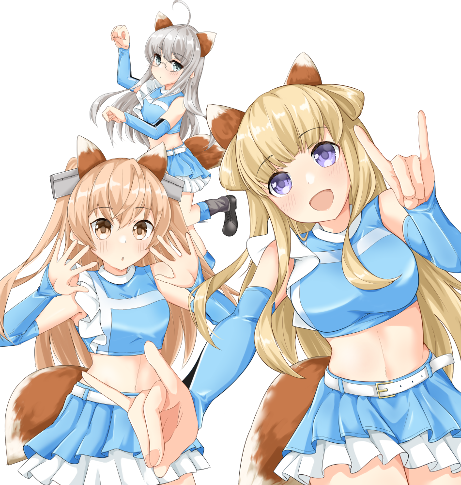 3girls, ahoge, alternate_costume, animal_ears, belt, blonde_hair, blue_eyes, blue_skirt, blue_sleeves, breasts, brown_eyes, cheerleader, colored_skin, crop_top, detached_sleeves, double_bun, double_fox_shadow_puppet, fake_animal_ears, fake_tail, fletcher_(kancolle), fox_ears, fox_shadow_puppet, fox_tail, glasses, grey_hair, hair_bun, heywood_l._edwards_(cheerleader)_(kancolle), heywood_l._edwards_(kancolle), hokkaido_nippon-ham_fighters, johnston_(kancolle), kantai_collection, kitsune_dance, large_breasts, light_brown_hair, long_hair, makinoki, medium_breasts, midriff, miniskirt, multicolored_skin, multiple_girls, navel, nippon_professional_baseball, open_mouth, pleated_skirt, purple_eyes, skirt, tail, two-tone_skin, two_side_up, white_belt, white_skirt