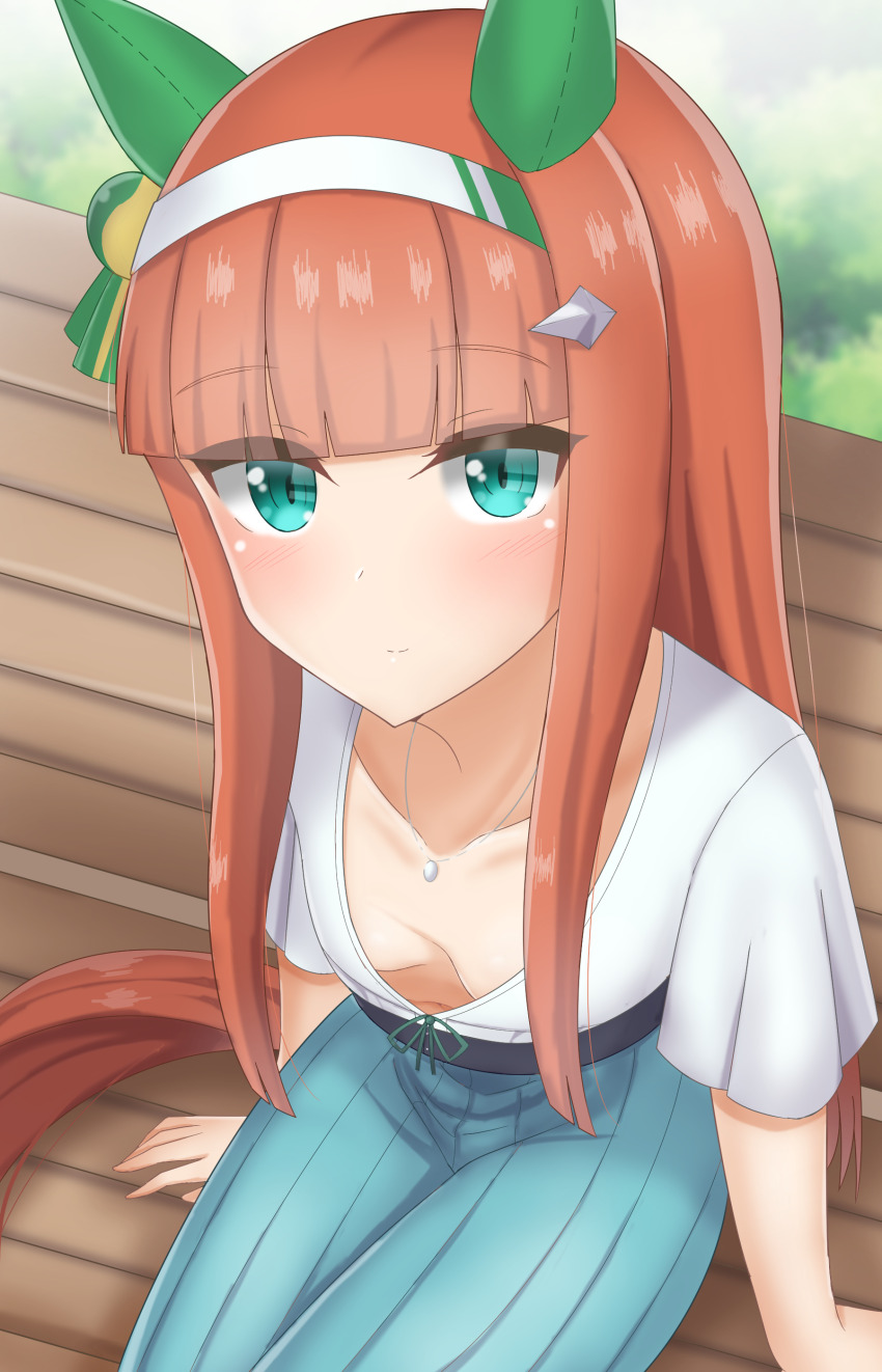 1girl, absurdres, alternate_costume, animal_ears, bench, breasts, casual, closed_mouth