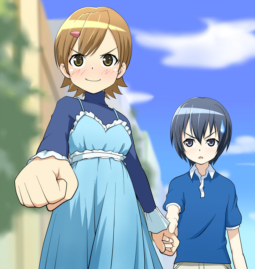 1boy, 1girl, androgynous, blush, crossdressing, crossdressing_(ftm), crossdressing_(mtf), foreshortening