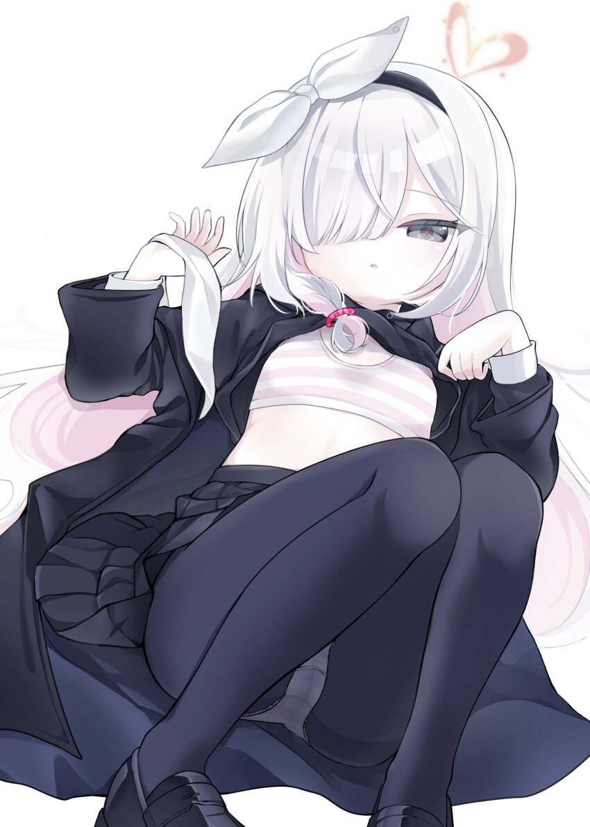 1girl, black_coat, black_eyes, black_hairband, black_pantyhose, black_shirt, black_shoes, black_skirt