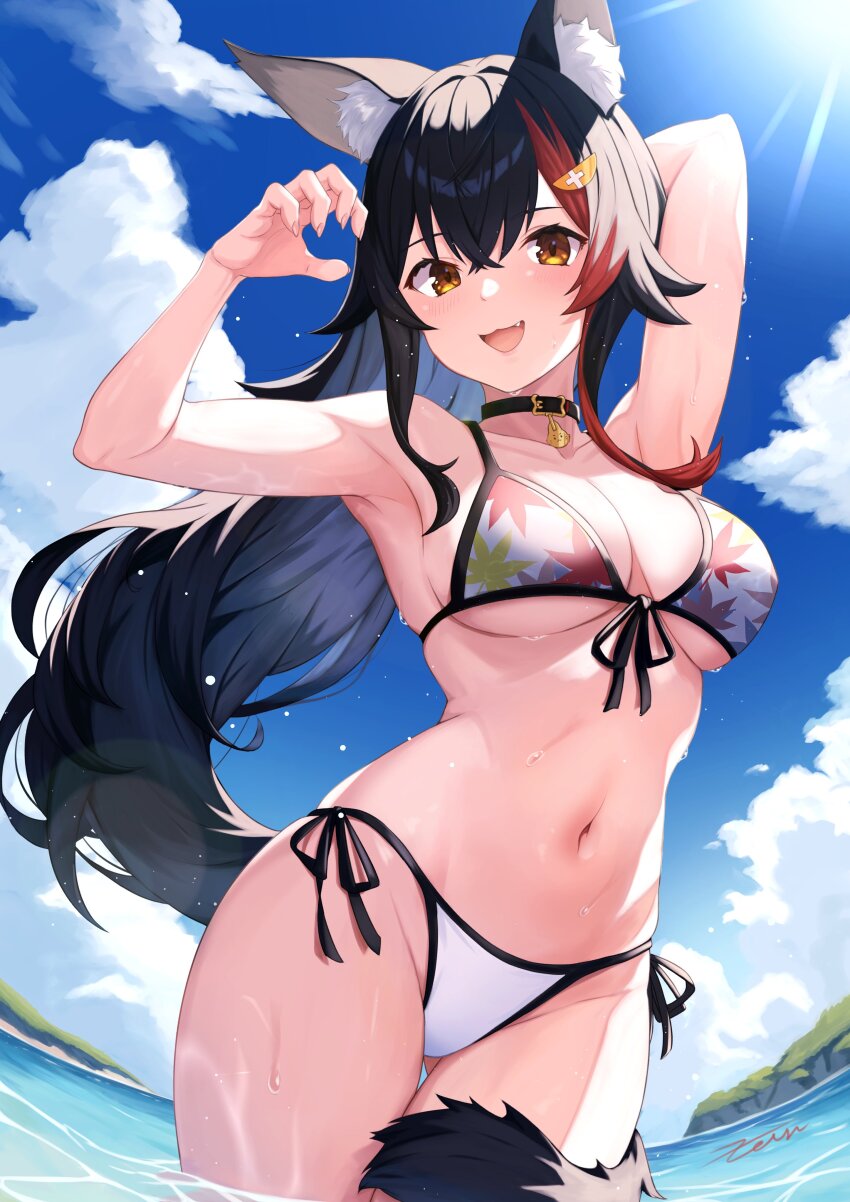 1girl, absurdres, animal_ear_fluff, animal_ears, arm_behind_head, bikini, black_hair, blue_sky, breasts, cleavage, cloud, commentary_request, day, fang, fisheye, front-tie_bikini_top, front-tie_top, hair_ornament, hand_up, highres, hololive, hololive_summer_2022_swimsuit, leaf_print, long_hair, looking_at_viewer, maple_leaf_print, medium_breasts, multicolored_hair, navel, ocean, official_alternate_costume, ookami_mio, ookami_mio_(hololive_summer_2019), open_mouth, outdoors, partially_submerged, print_bikini, red_hair, side-tie_bikini_bottom, signature, sky, smile, solo, stomach, streaked_hair, sunlight, swimsuit, tail, tail_around_own_leg, underboob, very_long_hair, virtual_youtuber, water_drop, wet, wide_ponytail, wolf_ears, wolf_girl, wolf_tail, zeiss
