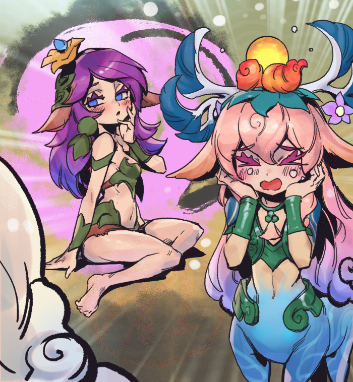 1girl, :o, animal_ears, antlers, arm_support, bare_legs, bare_shoulders, barefoot, blonde_hair, blue_eyes, blue_skin, blush, centaur, colored_skin, d:, embarrassed, hair_ornament, hand_on_own_cheek, hand_on_own_face, hands_on_own_cheeks, hands_on_own_face, horns, horse_ears, horse_girl, humanization, league_of_legends, lillia_(league_of_legends), long_hair, multiple_views, navel, open_mouth, phantom_cross, pink_hair, purple_hair, shan_hai_scrolls_lillia, sitting, taur