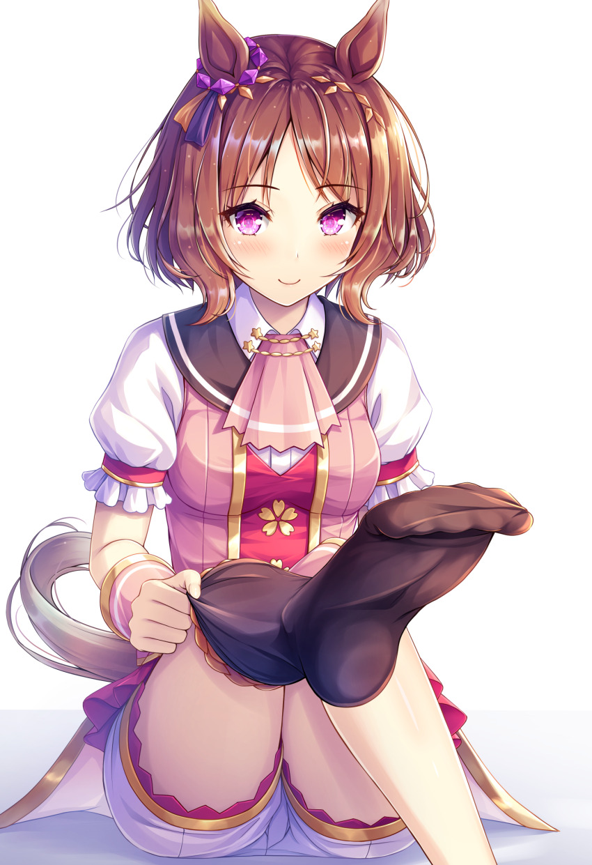 1girl, akashio_(loli_ace), animal_ears, black_socks, blush, breasts, brown_hair, closed_mouth