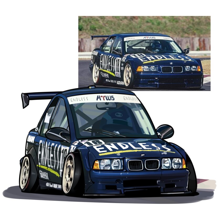absurdres, bmw, bmw_3_series, bmw_e36, car, chibi, driving, highres, holeecrab, kinoshita_mitsuhiro, motor_vehicle, photo-referenced, race_vehicle, racecar, real_life, reference_inset, spoiler_(automobile), stance_(vehicle), vehicle_focus