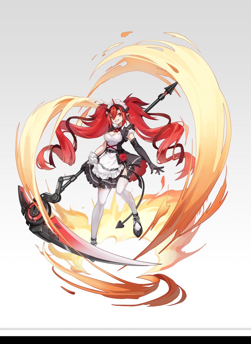 1girl, absurdres, anklet, apron, asymmetrical_gloves, black_dress, black_footwear, black_gloves, breasts, cleavage, cleavage_cutout, clothing_cutout, curly_hair, demon_horns, demon_tail, dress, elbow_gloves, explosion, foot_up, frilled_hairband, frills, full_body, gloves, grin, hair_between_eyes, hairband, highres, holding, holding_scythe, holding_weapon, horns, huge_weapon, jewelry, jiuying, large_breasts, long_hair, maid, original, red_eyes, red_hair, scythe, short_dress, short_sleeves, smile, solo, tachi-e, tail, thighhighs, torn_clothes, torn_thighhighs, twintails, uneven_gloves, very_long_hair, weapon, white_apron, white_background, white_thighhighs