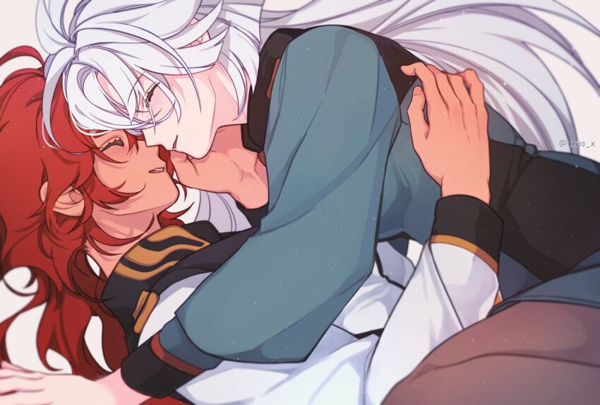 2girls, asticassia_school_uniform, closed_eyes, dodam_v, girl_on_top, gundam, gundam_suisei_no_majo, hair_down, hand_on_another's_face, highres, long_hair, lying, miorine_rembran, multiple_girls, on_back, red_hair, school_uniform, smile, suletta_mercury, white_hair, yuri