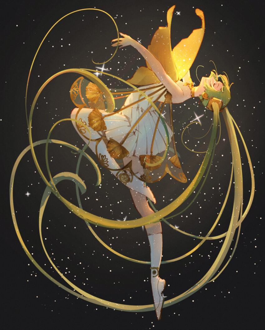 1girl, absurdly_long_hair, ankle_boots, arched_back, asymmetrical_footwear, backlighting, ballet, bare_shoulders, bending_backward, black_background, boots, bracelet, choker, closed_eyes, dress, floating_hair, from_side, full_body, gramophone_miku, green_hair, hair_ornament, hatsune_miku, headphones, highres, jewelry, layered_dress, leg_up, long_hair, miku_symphony_(vocaloid), outstretched_arms, see-through_clothes, solo, sparkle, standing, standing_on_one_leg, strapless, strapless_dress, thigh_boots, thigh_strap, thighhighs, tiptoes, twintails, uneven_footwear, very_long_hair, vocaloid, white_boots, white_dress, white_thighhighs, yi_er_san