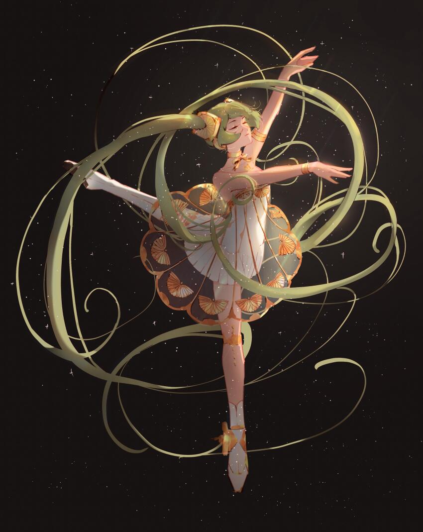 1girl, absurdly_long_hair, absurdres, ankle_boots, asymmetrical_footwear, backlighting, ballet, bare_shoulders, black_background, boots, bracelet, chinese_commentary, choker, closed_eyes, commentary_request, dress, floating_hair, from_side, full_body, gramophone_miku, green_hair, hair_ornament, hatsune_miku, headphones, highres, jewelry, layered_dress, leg_up, long_hair, miku_symphony_(vocaloid), outstretched_arms, see-through_clothes, solo, standing, standing_on_one_leg, strapless, strapless_dress, thigh_boots, thigh_strap, thighhighs, tiptoes, twintails, uneven_footwear, very_long_hair, vocaloid, white_boots, white_dress, white_thighhighs, yi_er_san