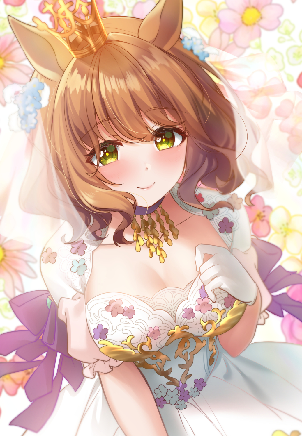 1girl, animal_ears, aston_machan_(haute_couture_memory)_(umamusume), aston_machan_(umamusume), blue_flower, breasts, brown_hair, cleavage