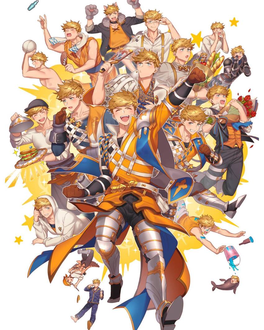 1boy, :o, alternate_costume, alternate_hairstyle, armor, ball, blonde_hair, blush