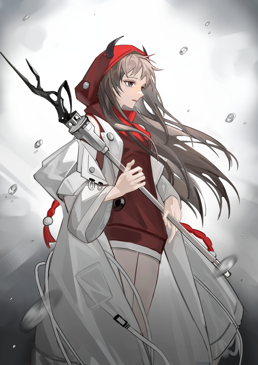 1girl, absurdres, arknights, backlighting, blue_eyes, brown_hair, coat, dress