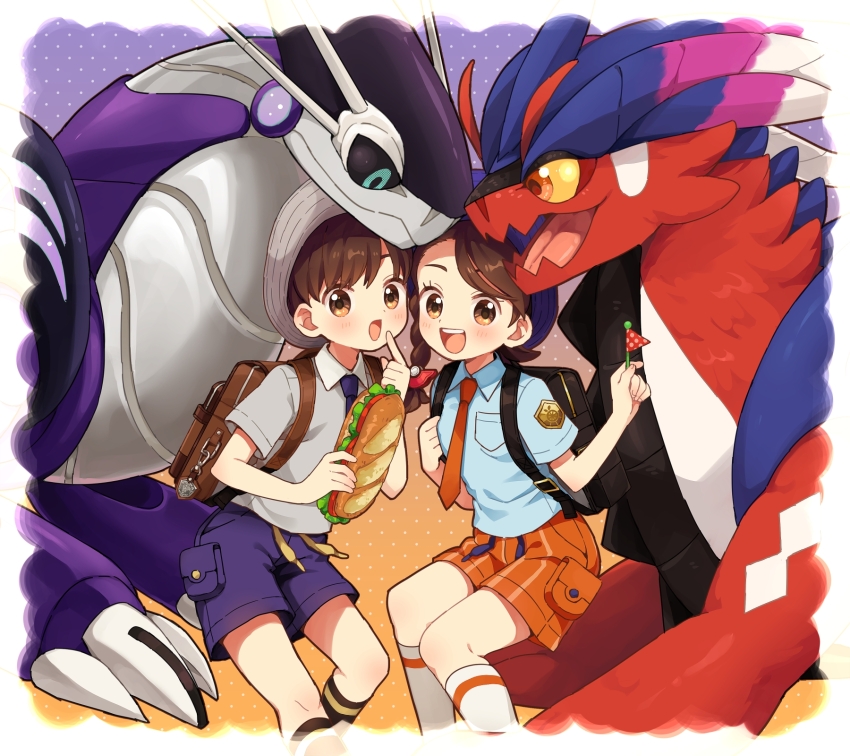 1boy, 1girl, :d, backpack, bag, blush, brown_bag, brown_eyes