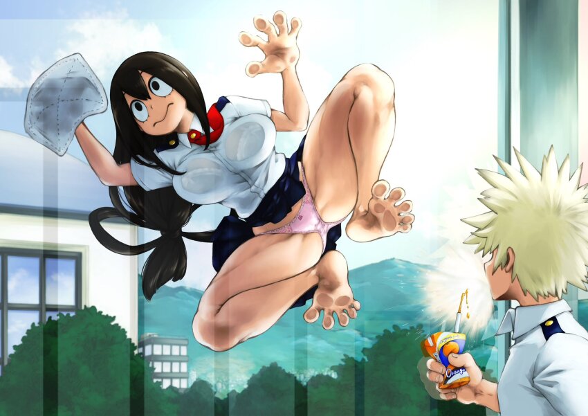 1boy, 1girl, against_glass, asui_tsuyu, bakugou_katsuki, bare_arms, bare_legs, barefoot