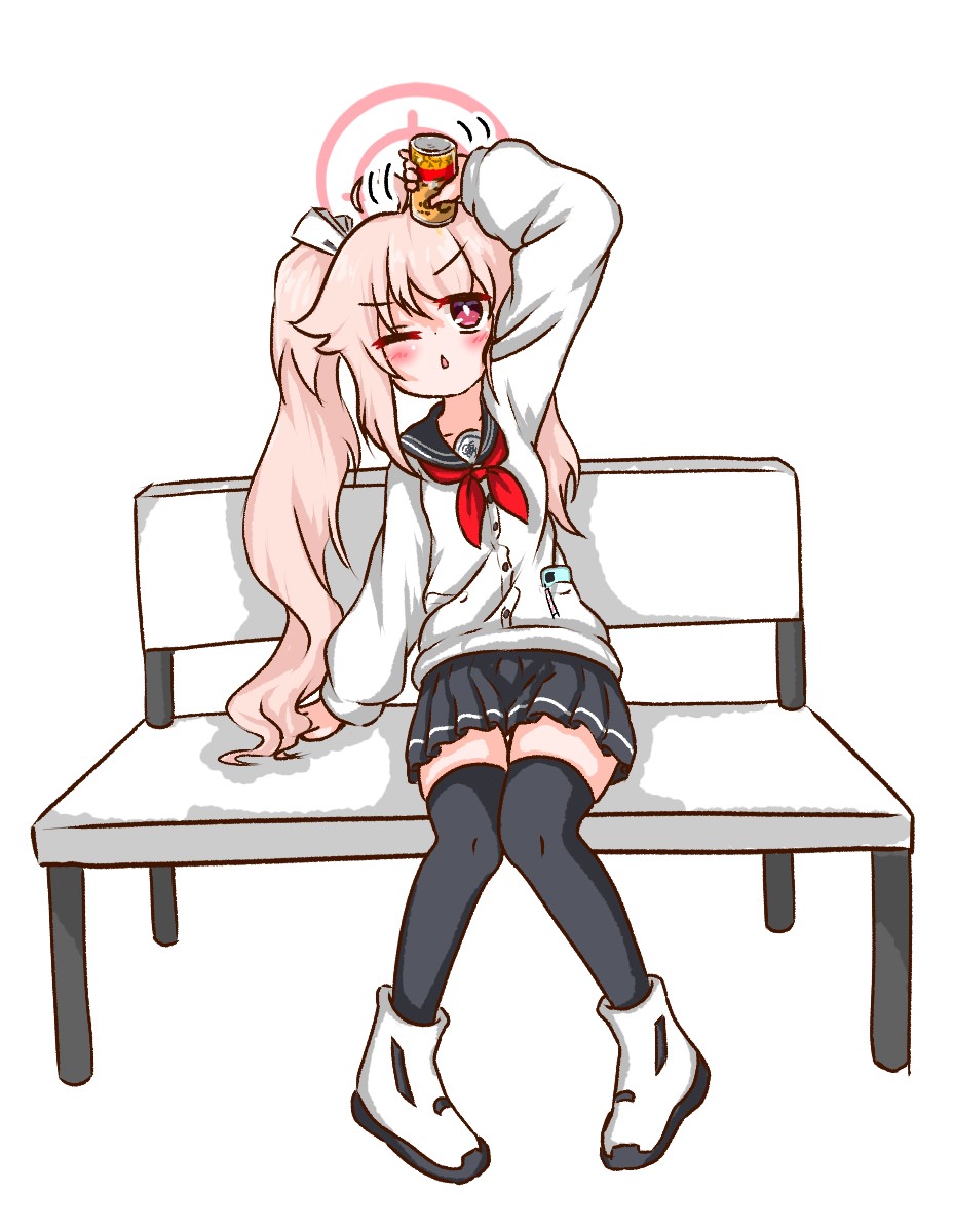 1girl, black_thighhighs, blue_archive, grey_skirt, halo, highres, mochiduki, natsu_(blue_archive)