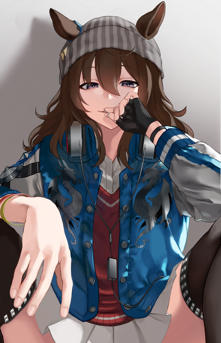 1girl, absurdres, animal_ears, beanie, black_gloves, black_thighhighs, brown_eyes, brown_hair