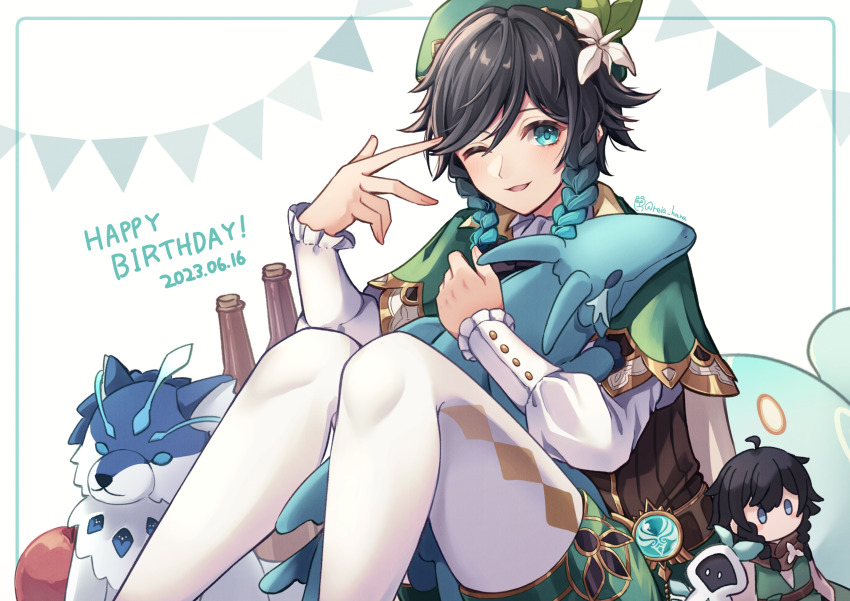 1boy, ;d, andrius_(genshin_impact), apple, aqua_eyes, aqua_hair, artist_name, barbatos_(genshin_impact)