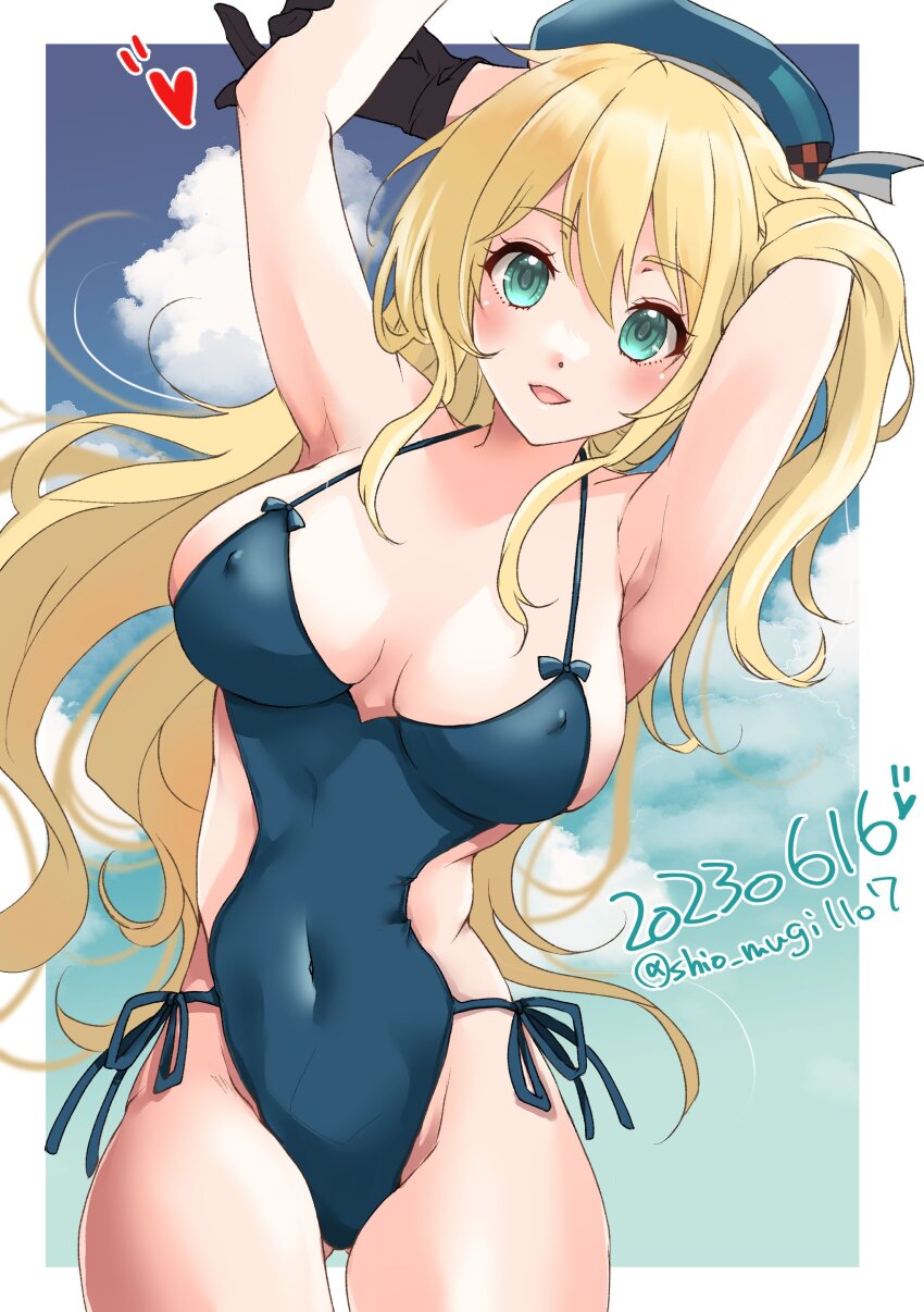 1girl, absurdres, alternate_costume, atago_(kancolle), beret, blonde_hair, blue_one-piece_swimsuit, blue_sky