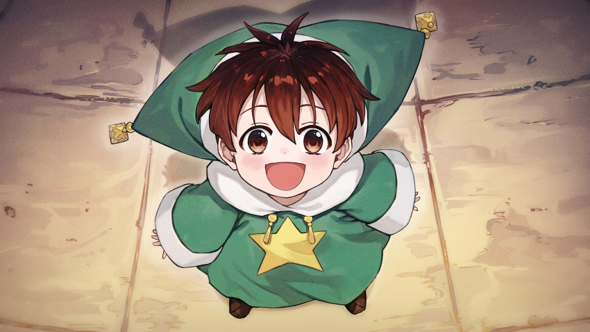 1boy, artist_request, atelier_(series), brown_eyes, brown_hair, child, fairy_(atelier), happy, highres, looking_at_viewer, looking_up, open_mouth, short_hair, smile, source_request