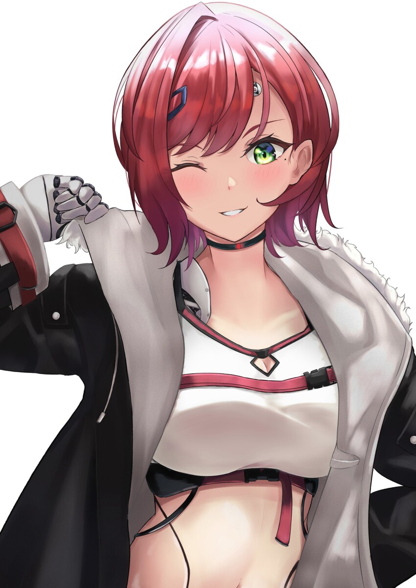 1girl, absurdres, adjusting_clothes, android, blush, choker, cleavage_cutout, clothing_cutout