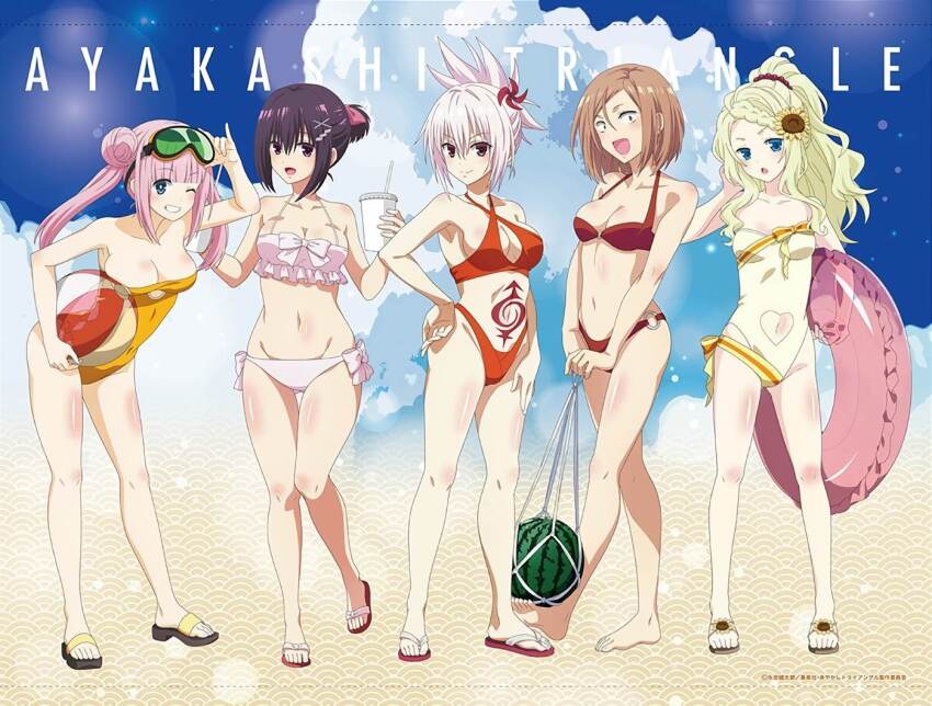 5girls, :d, artist_request, ayakashi_triangle, ball, barefoot, beachball, bikini, black_hair, blonde_hair, breasts, brown_eyes, brown_hair, casual_one-piece_swimsuit, cleavage, clothing_cutout, copyright_name, double_bun, eyelashes, genderswap, genderswap_(mtf), hair_bun, hair_ornament, hair_ribbon, hairclip, happy, heart_cutout, kanade_suzu, kazamaki_matsuri, kazamaki_matsuri_(female), korogi_reo, large_breasts, long_hair, looking_at_viewer, medium_breasts, medium_hair, multiple_girls, navel, navel_cutout, one-piece_swimsuit, one_eye_closed, open_mouth, pink_hair, pinwheel, pinwheel_hair_ornament, ponytail, purple_eyes, purple_hair, ribbon, sandals, small_breasts, smile, source_request, standing, stomach_tattoo, swimsuit, tattoo, thigh_gap, toba_yayoi, tsukioka_lucy, twintails, white_hair