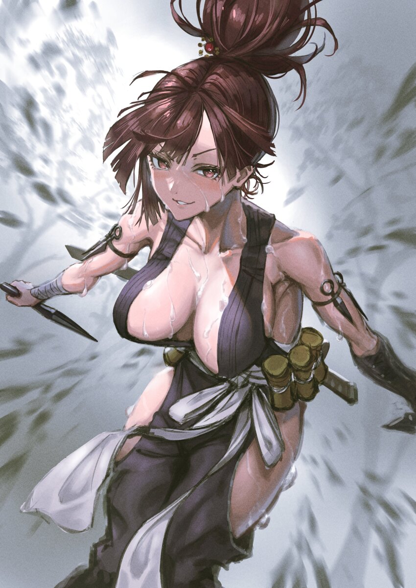 1girl, absurdres, armband, bandaged_wrist, bandages, black_armband, breasts, brown_hair
