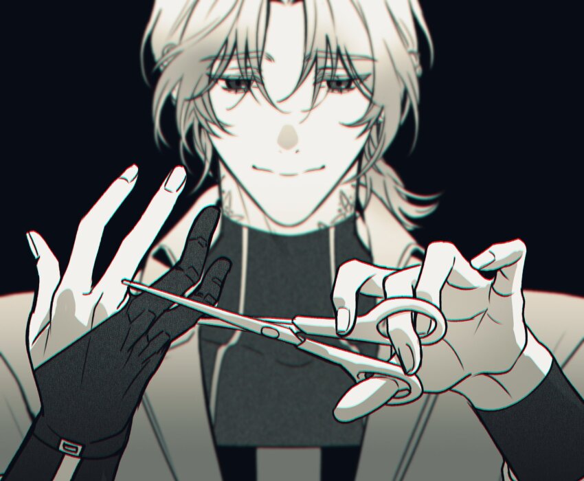 1boy, black_background, blurry, blurry_background, chromatic_aberration, closed_mouth, commentary_request, eoduun_badaui_deungbul-i_doeeo