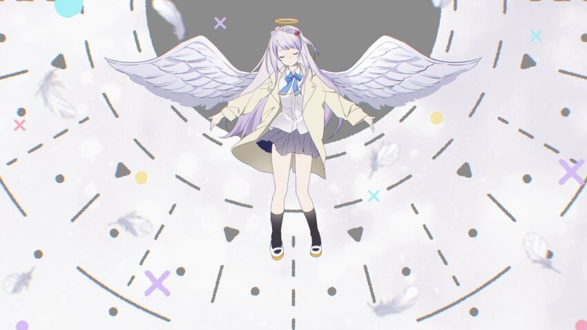 1girl, angel, angel_chan_(tuyu), angel_wings, azyun_an, black_skirt, black_socks, blue_bow, blue_ribbon, bow, braid, brown_jacket, closed_eyes, closed_mouth, doro_no_bunzai_de_watashi_dake_no_taisetsu_wo_ubaou_da_nante, feathered_wings, feathers, grey_hair, hair_ribbon, halo, highres, jacket, long_sleeves, neck_ribbon, open_clothes, open_jacket, pleated_skirt, red_ribbon, ribbon, skirt, socks, tuyu_(band), wings