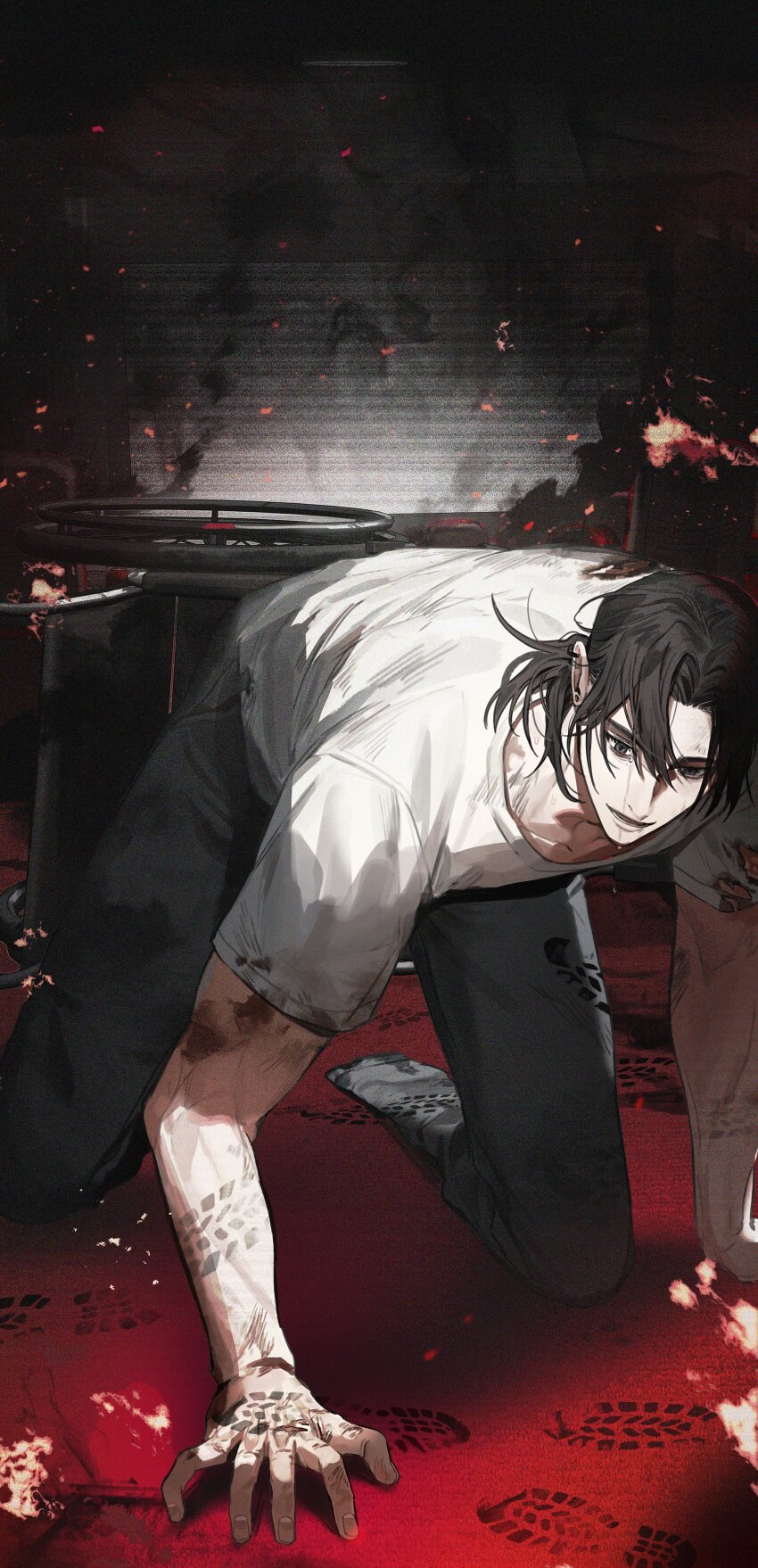 1boy, absurdres, all_fours, black_hair, black_pants, burnt_clothes, commentary, eoduun_badaui_deungbul-i_doeeo